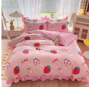 Cotton 100 Princess Wind Quilt Cover Cartoon Student Dormitory Bed (Option: Strawberry milk-1.2m bed sheet threepiece set)